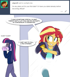 Size: 639x700 | Tagged: safe, artist:jase1505, sci-twi, sunset shimmer, twilight sparkle, series:sunlight horizons, equestria girls, clothes, dialogue, female, glasses, grand galloping gala, lesbian, portal, scitwishimmer, shipping, speech bubble, sunsetsparkle, ticket, tumblr