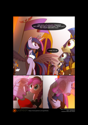 Size: 3541x5016 | Tagged: safe, artist:gashiboka, derpibooru import, spike, twilight sparkle, twilight sparkle (alicorn), oc, alicorn, dragon, pony, comic:recall the time of no return, armor, clothes, comic, glowing horn, guard, helmet, implied tyrant sparkle, magic, maid, older, older spike, patreon, patreon logo, telekinesis