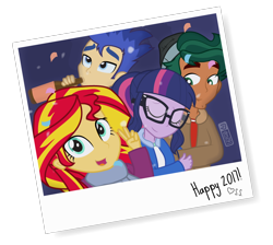 Size: 950x850 | Tagged: safe, artist:dm29, flash sentry, sci-twi, sunset shimmer, timber spruce, twilight sparkle, equestria girls, 2017, alcohol, beer, cute, female, happy new year, happy new year 2017, male, new year, shipping, straight, timbertwi