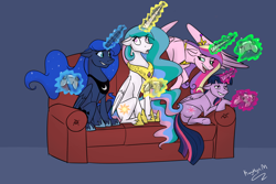 Size: 1500x1000 | Tagged: safe, artist:kerorolover16, princess cadance, princess celestia, princess luna, queen chrysalis, twilight sparkle, twilight sparkle (alicorn), alicorn, changeling, changeling queen, pony, alicorn tetrarchy, controller, corwn, disguise, disguised changeling, eyeroll, fake cadance, fake celestia, fake luna, fake twilight, female, floppy ears, grin, happy, hooves, horn, liam sparkle, lidded eyes, long mane, lying down, magic, male to female, mare, muna, open mouth, patlestia, possessed, raised eyebrow, rule 63, sitting, smiling, smirk, sofa, tail, taunting, teeth, telekinesis, transformation, transgender transformation, two best sisters play, wings, wooldance