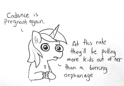 Size: 1280x892 | Tagged: safe, artist:tjpones, shining armor, pony, unicorn, black and white, bust, chest fluff, dialogue, ear fluff, grayscale, implied pregnancy, implied princess cadance, lineart, male, monochrome, simple background, solo, speech, stallion, traditional art, white background