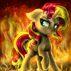 Size: 3024x3024 | Tagged: safe, artist:gaelledragons, sunset shimmer, pony, badass, blood, cut, epic, fiery shimmer, fire, raised hoof, solo