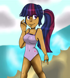 Size: 5000x5600 | Tagged: safe, artist:artistcoolpony, derpibooru import, twilight sparkle, human, absurd resolution, beach, clothes, humanized, one-piece swimsuit, solo, swimsuit