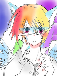 Size: 600x800 | Tagged: safe, artist:invader-celes, rainbow dash, fanfic:rainbow factory, eared humanization, glasses, humanized, solo, winged humanization