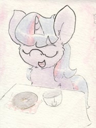 Size: 695x922 | Tagged: safe, artist:slightlyshade, derpibooru import, twilight sparkle, donut, food, solo, tea, traditional art