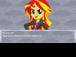 Size: 640x480 | Tagged: safe, artist:toonalexsora007, fluttershy, sunset shimmer, equestria girls, implied fluttershy, mugen, pokémon, quote