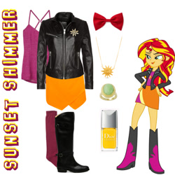 Size: 600x600 | Tagged: safe, sunset shimmer, equestria girls, boots, bow, bowtie, clothes, cosplay, costume, high heel boots, inspired outfits, jacket, jewelry, leather jacket, nail polish, necklace, ring, skirt, socks