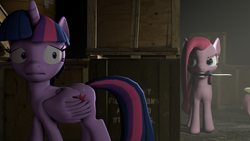 Size: 3840x2160 | Tagged: safe, artist:marcsello, derpibooru import, pinkie pie, twilight sparkle, twilight sparkle (alicorn), alicorn, earth pony, pony, 3d, female, mare, pinkamena diane pie, source filmmaker