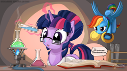 Size: 2560x1440 | Tagged: safe, artist:mysticalpha, derpibooru import, rainbow dash, twilight sparkle, pegasus, pony, alternate hairstyle, clothes, cymbals, female, incoming prank, lab coat, prank, russian, this will end in explosions, this will end in fire, this will end in tears, this will end in tears and/or death, translation, translator:enotik, wallpaper