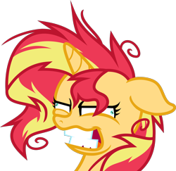 Size: 5000x4865 | Tagged: safe, artist:orin331, edit, sunset shimmer, pony, equestria girls, lesson zero, absurd resolution, floppy ears, grin, insanity, lidded eyes, messy mane, simple background, smiling, snapset shimmer, solo, tardy, teeth grinding, transparent background, vector, vector edit