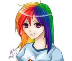 Size: 975x819 | Tagged: safe, artist:twinwaddle, rainbow dash, clothes, female, humanized, multicolored hair, solo