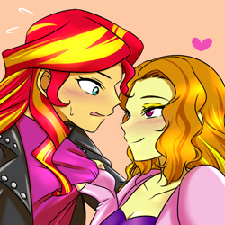 Size: 1000x1000 | Tagged: safe, artist:raika0306, adagio dazzle, sunset shimmer, equestria girls, rainbow rocks, bedroom eyes, blushing, breasts, cleavage, clothes, female, heart, imminent kissing, jacket, lesbian, lidded eyes, looking at each other, loose hair, loving gaze, pulling, shipping, simple background, smiling, sunsagio, sweat, sweatdrop