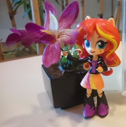 Size: 2117x2145 | Tagged: safe, artist:hero1290, sunset shimmer, equestria girls, boots, clothes, doll, equestria girls minis, eqventures of the minis, flower, high heel boots, irl, jacket, photo, skirt, solo, toy