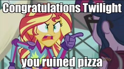 Size: 1920x1080 | Tagged: safe, edit, edited screencap, screencap, sci-twi, sunset shimmer, twilight sparkle, equestria girls, friendship games, angry, discovery family logo, exploitable meme, food, image macro, inside out, meme, pixar, pizza, pointing, sunset yells at twilight