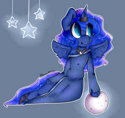 Size: 1217x1152 | Tagged: safe, artist:yunieelloa, princess luna, alicorn, anthro, unguligrade anthro, clothes, dress, female, gradient background, jewelry, mare, moon, regalia, solo, stars, tangible heavenly object