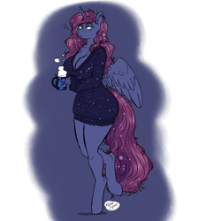 Size: 1800x1800 | Tagged: safe, artist:kevinsano edits, edit, princess luna, alicorn, anthro, unguligrade anthro, cleavage, clothes, coffee, commission, female, looking at you, mare, morning ponies, mug, sleepy, solo, sweater, tired