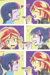 Size: 1440x2160 | Tagged: safe, artist:aka-ryuga, sci-twi, sunset shimmer, twilight sparkle, equestria girls, blushing, eyes closed, feeding, female, glasses, lesbian, open mouth, scitwishimmer, shipping, spoon, sunsetsparkle, twolight