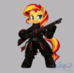 Size: 2550x2520 | Tagged: safe, artist:kvorias23, sunset shimmer, pony, equestria girls, assassin's creed, assassin's creed rogue, bipedal, clothes, crossover, musket, parody, shay patrick cormac, signature, solo, weapon