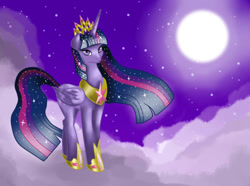 Size: 811x602 | Tagged: safe, artist:nevera573, derpibooru import, twilight sparkle, twilight sparkle (alicorn), alicorn, pony, cloud, female, mare, moon, night, older twilight, solo, starry mane, ultimate twilight