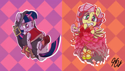 Size: 1177x674 | Tagged: safe, artist:sennishi, derpibooru import, fluttershy, twilight sparkle, twilight sparkle (alicorn), alicorn, pegasus, pony, book, clothes, costume, dress, female, halloween, mare, nightmare night, pixiv, rose