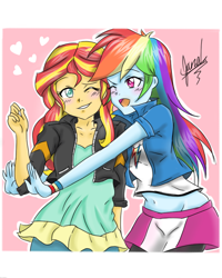 Size: 800x1002 | Tagged: safe, artist:janadashie, rainbow dash, sunset shimmer, equestria girls, belly button, blushing, clothes, compression shorts, female, heart, lesbian, midriff, shipping, sunsetdash