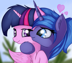 Size: 1000x882 | Tagged: safe, artist:twiren, princess luna, twilight sparkle, twilight sparkle (alicorn), alicorn, pony, cute, female, lesbian, looking at each other, ponytail, shipping, twiluna