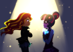 Size: 1555x1111 | Tagged: safe, artist:jacky-bunny, sci-twi, sunset shimmer, twilight sparkle, acadeca, equestria girls, friendship games, clothes, crossed arms, crystal prep academy uniform, duo, duo female, face to face, female, jacket, leather jacket, magic, magic capture device, scene interpretation, school uniform, spotlight