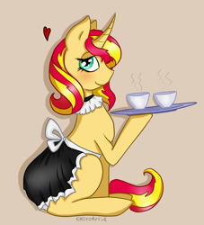 Size: 1024x1130 | Tagged: safe, artist:krotoreese, sunset shimmer, pony, apron, clothes, food, heart, maid, solo, tea, teacup, tray