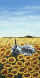 Size: 800x1543 | Tagged: safe, artist:weird--fish, princess luna, alicorn, pony, cloud, eyes closed, field, floppy ears, s1 luna, smiling, solo, sunflower