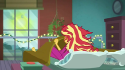 Size: 1024x576 | Tagged: safe, screencap, sunset shimmer, eqg summertime shorts, equestria girls, monday blues, clothes, fairy lights, pajamas, string lights, sunset's apartment