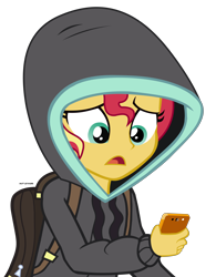 Size: 4276x5469 | Tagged: safe, artist:mandash1996, sunset shimmer, eqg summertime shorts, equestria girls, monday blues, absurd resolution, clothes, female, hoodie, phone, simple background, solo, transparent background, vector