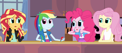 Size: 1600x706 | Tagged: safe, artist:thomaszoey3000, fluttershy, pinkie pie, rainbow dash, sunset shimmer, equestria girls, chatting, clothes, cute, female, jacket, kitchen, leather jacket