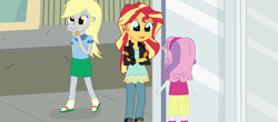 Size: 1600x706 | Tagged: safe, artist:thomaszoey3000, derpy hooves, sunset shimmer, sweetie belle, equestria girls, clothes, cute, food, hairband, jacket, leather jacket, muffin, sandals, skirt, socks, socks with sandals