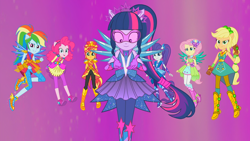 Size: 1920x1080 | Tagged: safe, screencap, applejack, fluttershy, pinkie pie, rainbow dash, rarity, sci-twi, sunset shimmer, twilight sparkle, equestria girls, legend of everfree, >:), >:d, blonde, crystal guardian, crystal wings, hatless, humane five, humane seven, humane six, missing accessory, ponied up, scitwilicorn, smiling, smirk, super ponied up