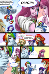 Size: 1000x1495 | Tagged: safe, artist:ddd1983, applejack, cheerilee, rainbow dash, rarity, sci-twi, sunset shimmer, twilight sparkle, comic:shimmering, equestria girls, cheerilee is unamused, comic