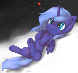 Size: 1024x956 | Tagged: safe, artist:dbleki, princess luna, alicorn, pony, chest fluff, cloud, cute, female, filly, fluffy, happy, heart, on a cloud, on back, prone, solo, stars, woona, younger