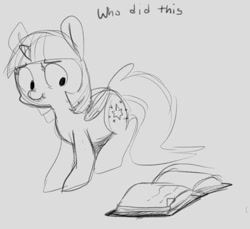 Size: 599x548 | Tagged: artist needed, safe, derpibooru import, twilight sparkle, twilight sparkle (alicorn), alicorn, pony, adorkable, book, concerned, cute, dialogue, dork, female, mare, monochrome, scrunchy face, sketch, solo, twiabetes