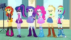 Size: 1280x720 | Tagged: safe, screencap, applejack, pinkie pie, rainbow dash, rarity, sci-twi, sunset shimmer, twilight sparkle, eqg summertime shorts, equestria girls, pet project, boots, glasses, happy, shoes, smiling