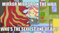 Size: 750x422 | Tagged: safe, screencap, sunset shimmer, eqg summertime shorts, equestria girls, monday blues, actually pretty funny, finger gun, finger guns, image macro, mane 'n tail, meme, mirror, snow white and the seven dwarfs, solo, sunset's apartment