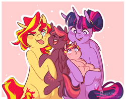 Size: 826x652 | Tagged: safe, artist:nutter-meg, sunset shimmer, twilight sparkle, twilight sparkle (alicorn), oc, oc:jovian, oc:north star, alicorn, pony, unicorn, alternate hairstyle, cute, eyes closed, family, family photo, female, laughing, lesbian, magical lesbian spawn, mare, offspring, one eye closed, parent:sunset shimmer, parent:twilight sparkle, parents:sunsetsparkle, shipping, sunsetsparkle, tongue out, wink
