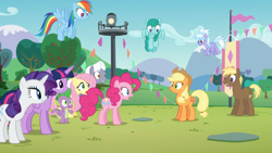 Size: 1911x1075 | Tagged: safe, derpibooru import, screencap, applejack, cloudchaser, coco crusoe, fluttershy, pinkie pie, rainbow dash, rarity, royal riff, spike, spring melody, sprinkle medley, twilight sparkle, twilight sparkle (alicorn), alicorn, dragon, earth pony, pegasus, pony, unicorn, the mane attraction, female, food, mare