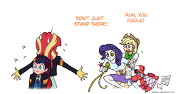 Size: 956x504 | Tagged: safe, artist:crydius, applejack, rarity, sunset shimmer, oc, oc:gamma, robot, equestria girls, and then there's rarity, android, angry, blocking, clothes, crossover, cute, dress, fashion, female, fly you fools, gynoid, holding, holding back, implied lesbian, implied scitwishimmer, implied shipping, magical lesbian spawn, measuring tape, meet gamma, needle, needles, offspring, paper, parent:sci-twi, parent:sunset shimmer, parent:twilight sparkle, parents:scitwishimmer, parents:sunsetsparkle, pincushion, protecting, question mark, scientific lesbian spawn, sewing needle, simple background, sweat, sweatdrop, this will end in fashion, transparent background, wingding eyes, yelling