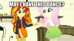 Size: 892x500 | Tagged: safe, screencap, fluttershy, sunset shimmer, eqg summertime shorts, equestria girls, pet project, holding hands, image macro, implied lesbian, implied sunshyne, meme