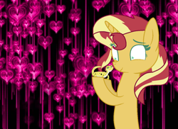 Size: 1112x808 | Tagged: safe, artist:foreverbunkey123, ray, sunset shimmer, pony, leopard gecko