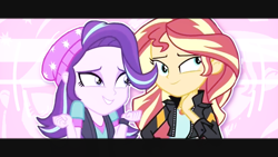 Size: 1200x675 | Tagged: safe, artist:ponliestar, edit, starlight glimmer, sunset shimmer, equestria girls, mirror magic, spoiler:eqg specials, excited, friendship, happy, smiling, wallpaper