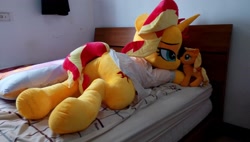 Size: 2048x1166 | Tagged: safe, artist:ec31314, artist:nekokevin, sunset shimmer, pony, irl, lidded eyes, life size, photo, plot, plushie, prone