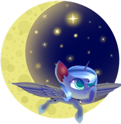 Size: 1024x1051 | Tagged: safe, artist:aquapegasus, princess luna, alicorn, pony, crescent moon, cute, lunabetes, moon, prone, s1 luna, solo, spread wings, stars, tangible heavenly object, transparent moon, wings