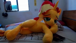 Size: 960x546 | Tagged: safe, artist:ec31314, artist:nekokevin, sunset shimmer, pony, draw me like one of your french girls, irl, lidded eyes, life size, on side, photo, plushie