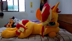 Size: 960x546 | Tagged: safe, artist:ec31314, artist:nekokevin, sunset shimmer, pony, irl, lidded eyes, life size, photo, plushie, prone