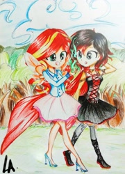 Size: 2121x2950 | Tagged: safe, artist:liaaqila, sunset shimmer, equestria girls, clothes, cloud, crossover, duo, high heels, magic, open mouth, ruby rose, rwby, shoes, smiling, traditional art, tree, walking